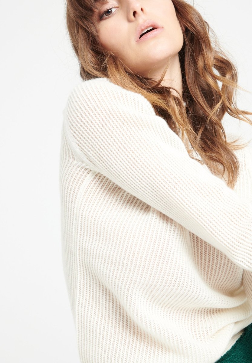 Pull col rond femme en cachemire ajouré blanc écru - LILLY 23