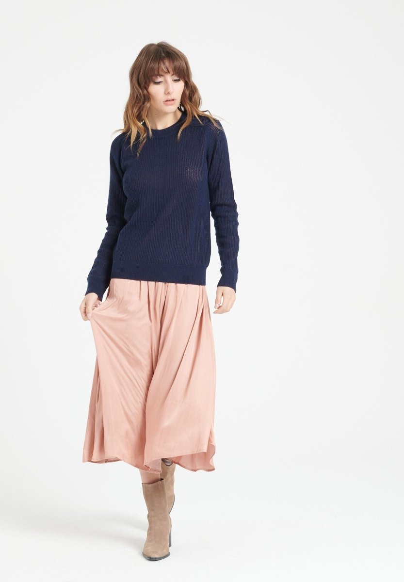 Pull col rond femme en cachemire ajouré bleu marine - LILLY 23