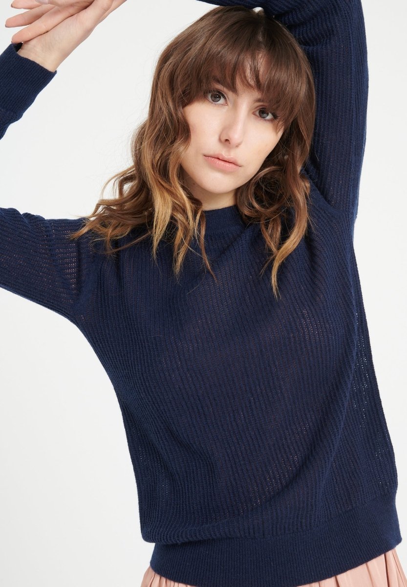 Pull col rond femme en cachemire ajouré bleu marine - LILLY 23