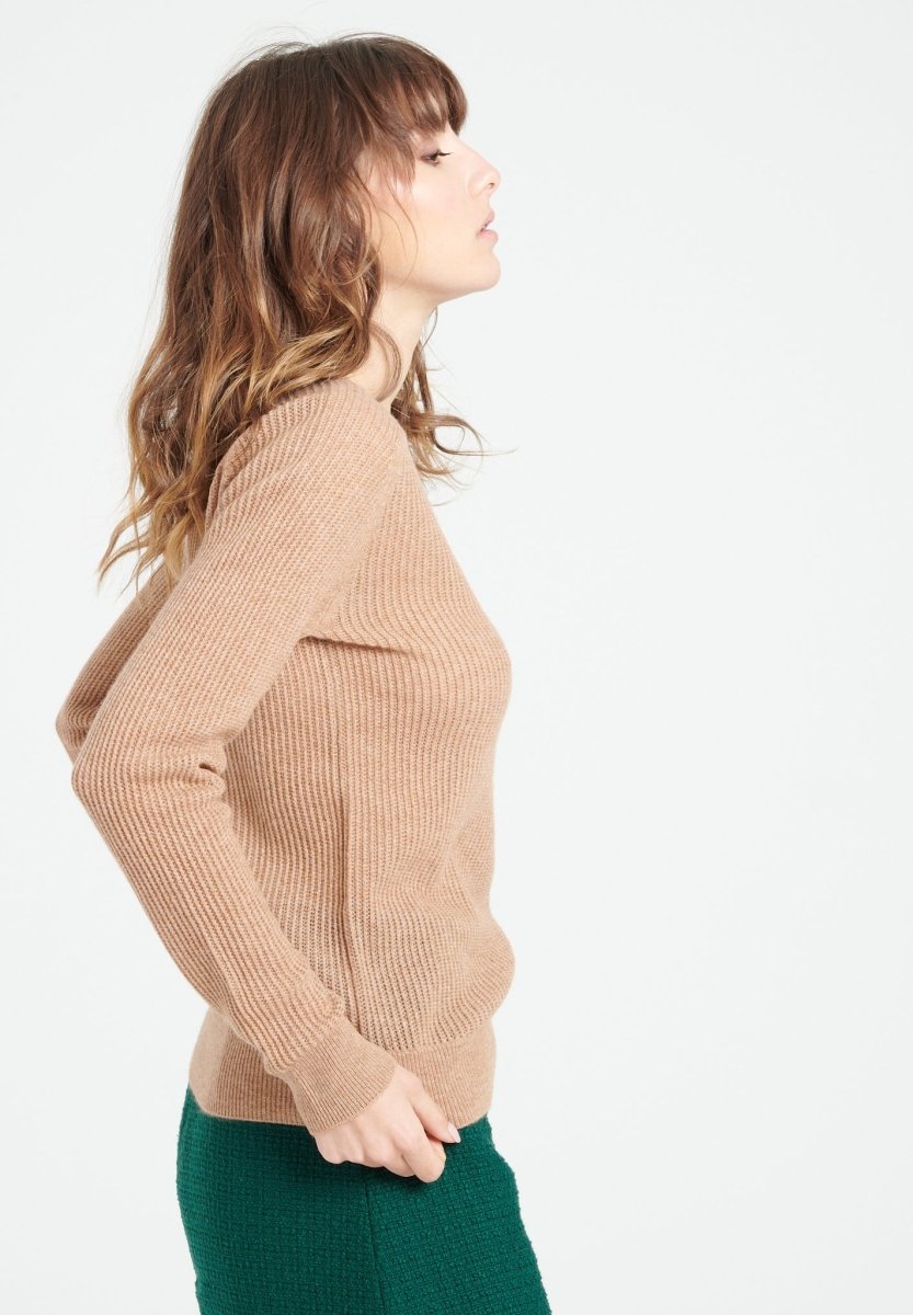 Pull col rond femme en cachemire ajouré camel - LILLY 23