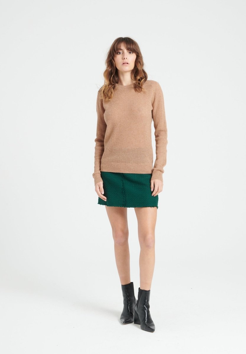 Pull col rond femme en cachemire ajouré camel - LILLY 23