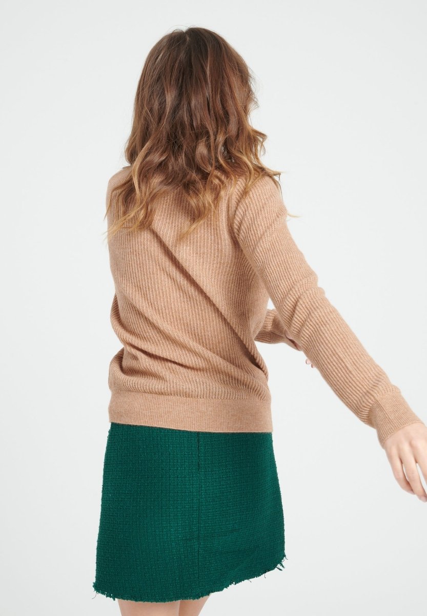 Pull col rond femme en cachemire ajouré camel - LILLY 23