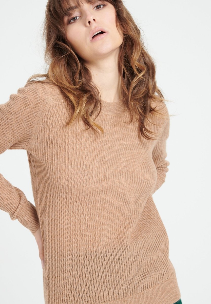 Pull col rond femme en cachemire ajouré camel - LILLY 23
