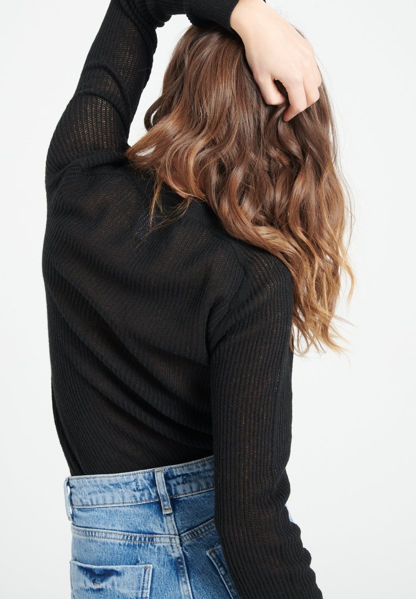 Pull col rond femme en cachemire ajouré noir - LILLY 23