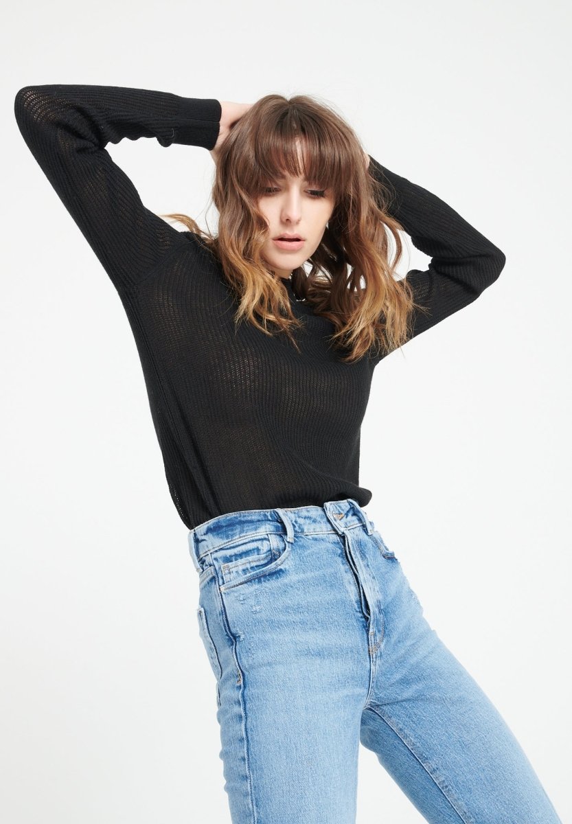 Pull col rond femme en cachemire ajouré noir - LILLY 23