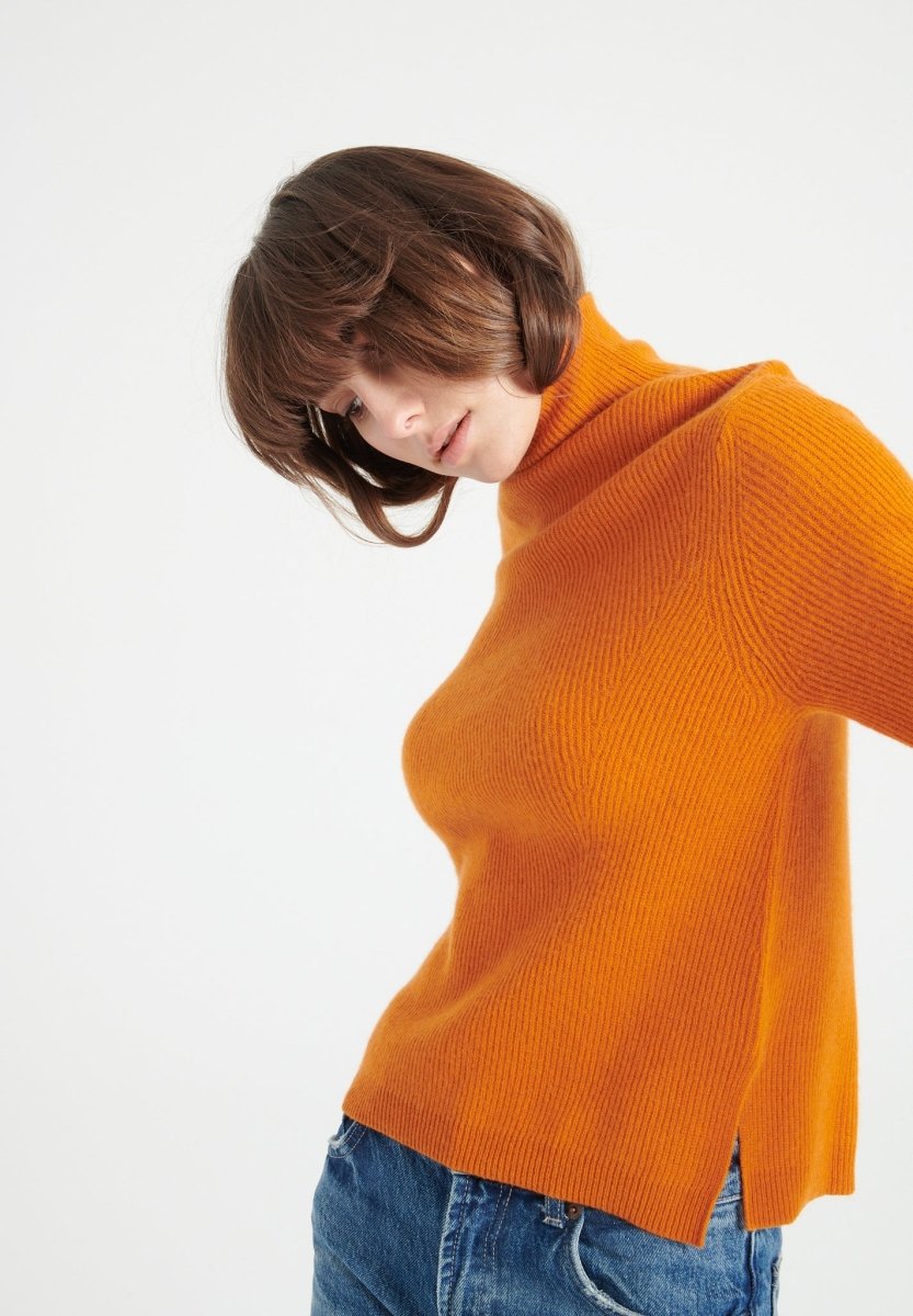 Pull col roulé femme en cachemire orange citrouille - LILLY 26