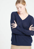 Pull col V femme en cachemire ajouré bleu marine - LILLY 31