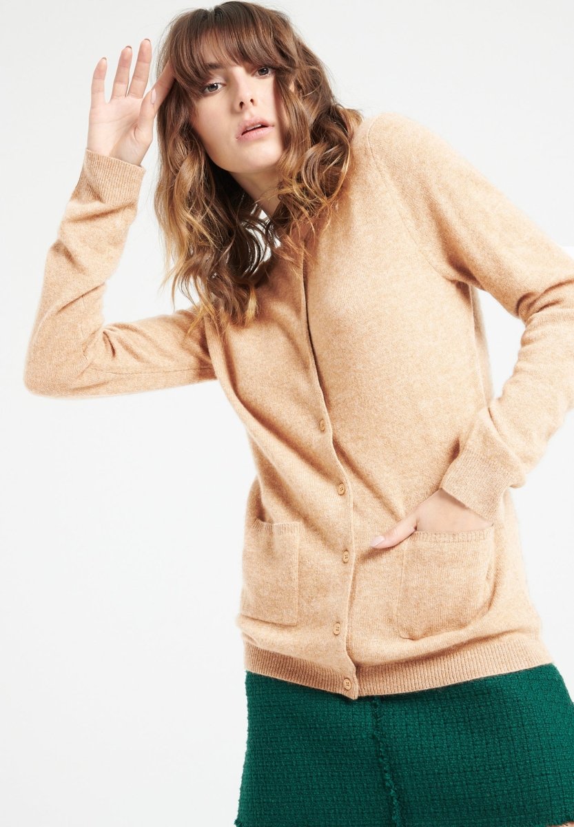 Cardigan col rond femme en cachemire camel clair - LILLY 4B