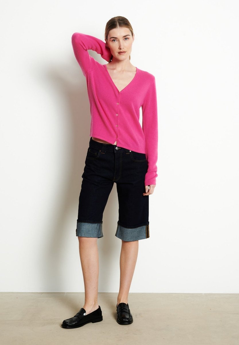Cardigan col V femme en cachemire rose indien - LILLY 7B