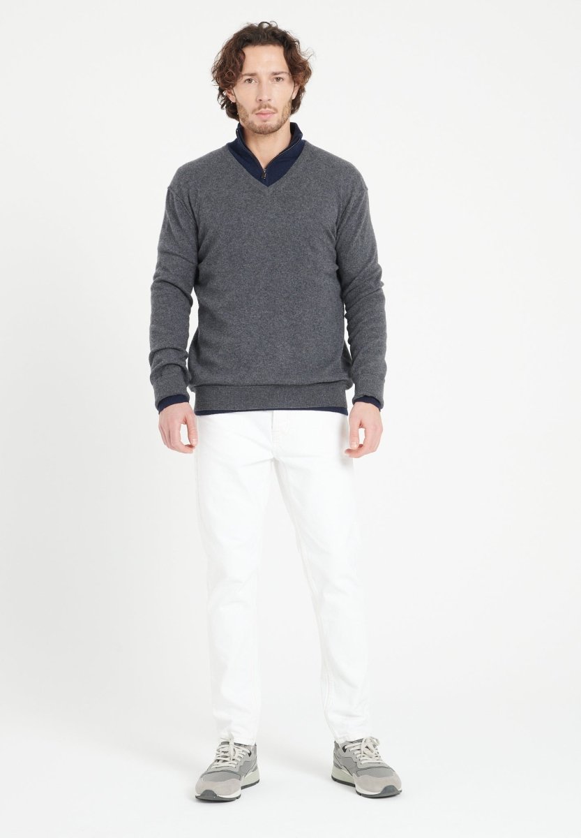 Pull col V homme en cachemire gris anthracite - LUKE 11