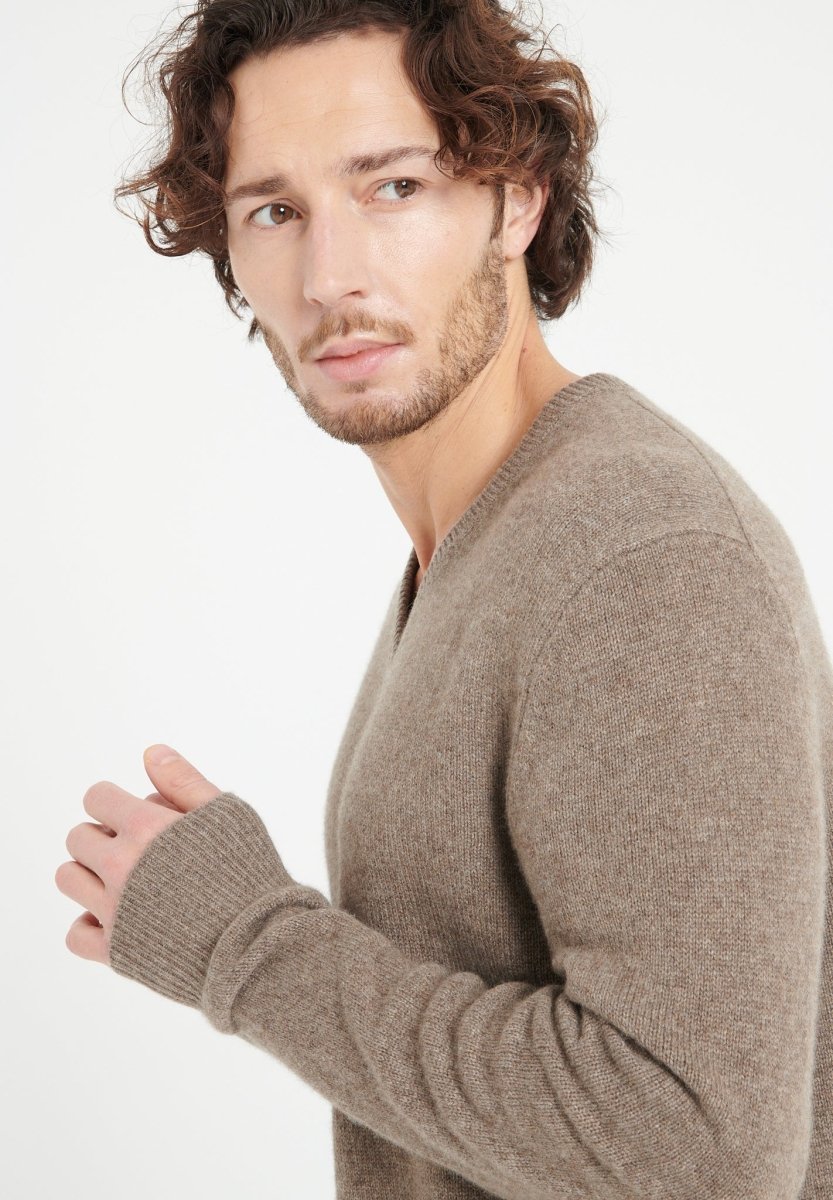Pull col V homme en cachemire 4 fils taupe - LUKE 13