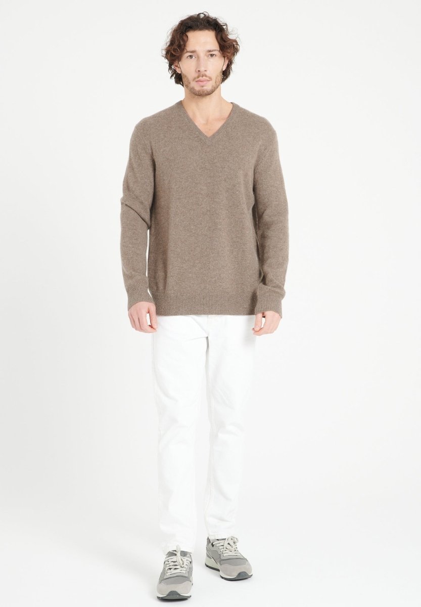 Pull col V homme en cachemire 4 fils taupe - LUKE 13