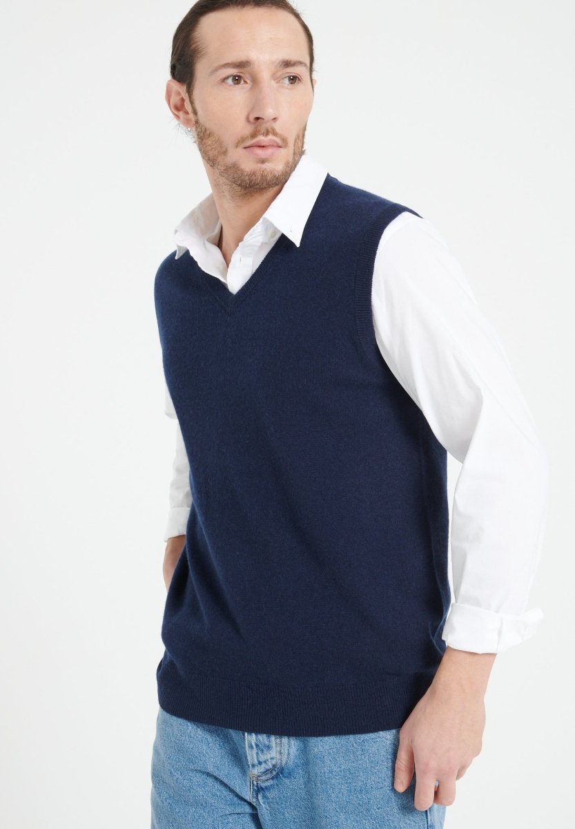 Pull col V sans manches homme en cachemire bleu marine - LUKE 9