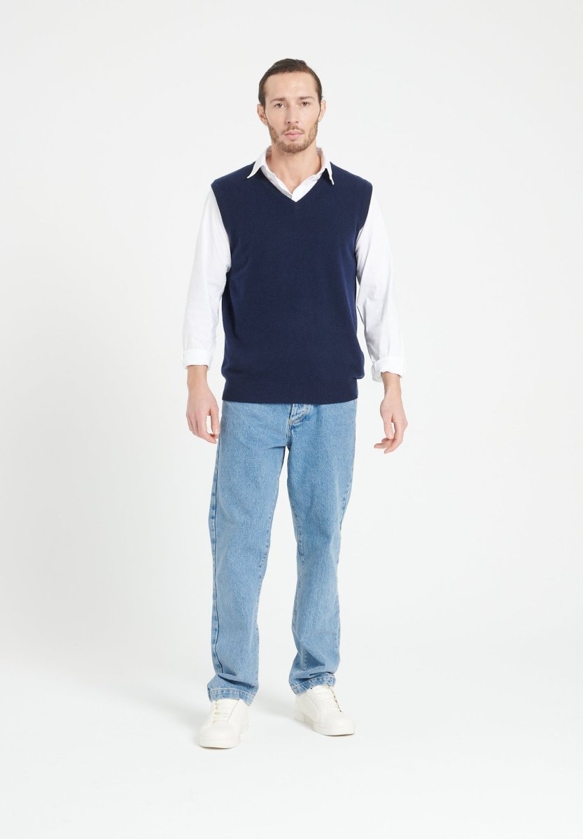 Pull col V sans manches homme en cachemire bleu marine - LUKE 9