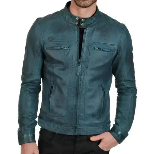 Men's Distressed Cafe Racer Leather Jacket