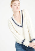 Pull col V femme en cachemire 6 fils blanc écru & navy & gris clair - MIA 10