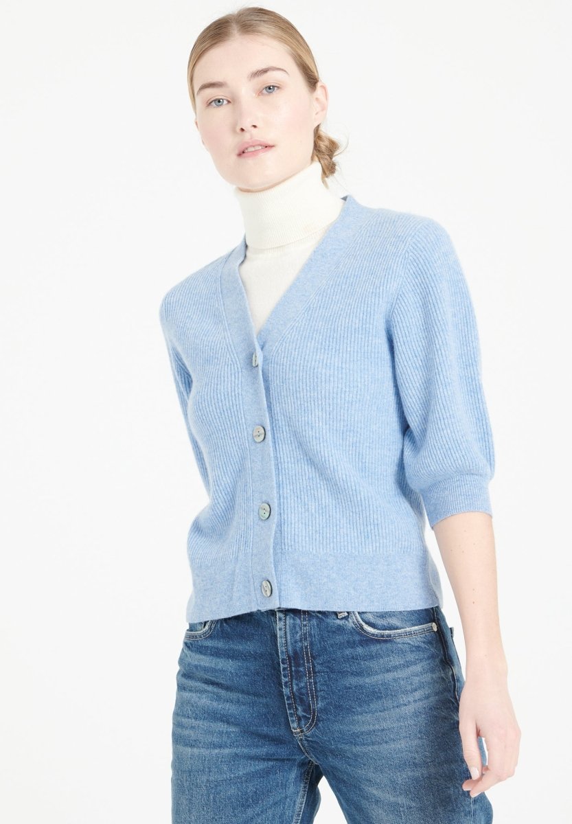 Cardigan col V manches courtes femme en cachemire bleu ciel - MIA 13