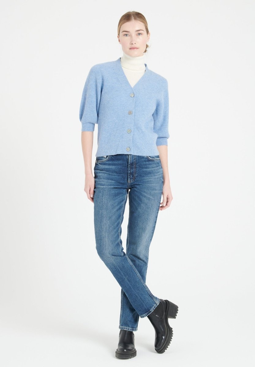 Cardigan col V manches courtes femme en cachemire bleu ciel - MIA 13