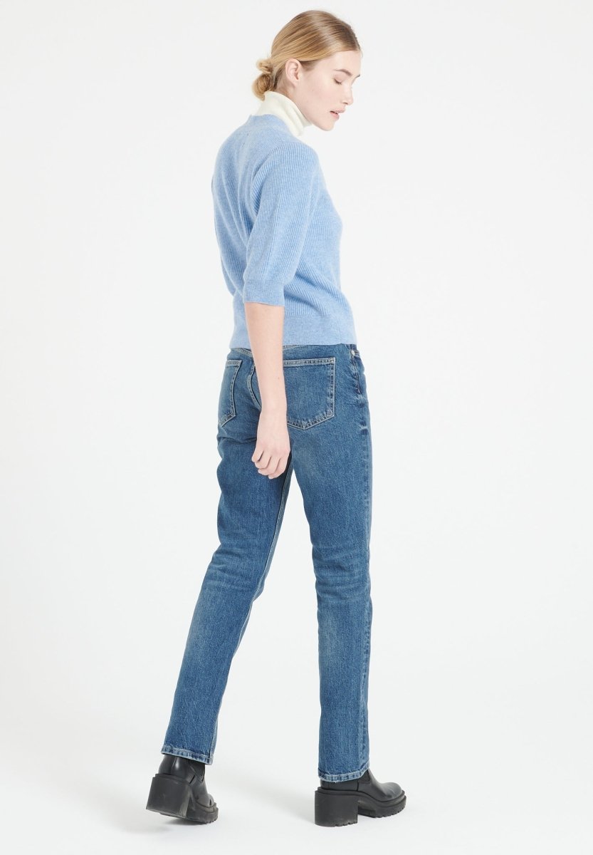 Cardigan col V manches courtes femme en cachemire bleu ciel - MIA 13