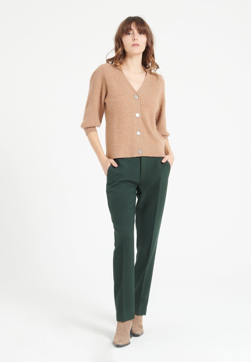 Cardigan col V manches courtes femme en cachemire camel - MIA 13
