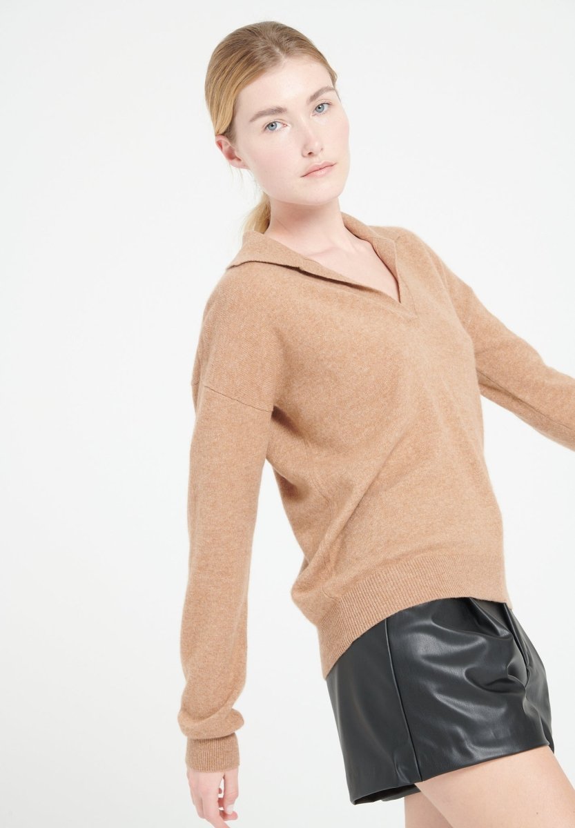 Polo manches longues femme en cachemire camel - MIA 3