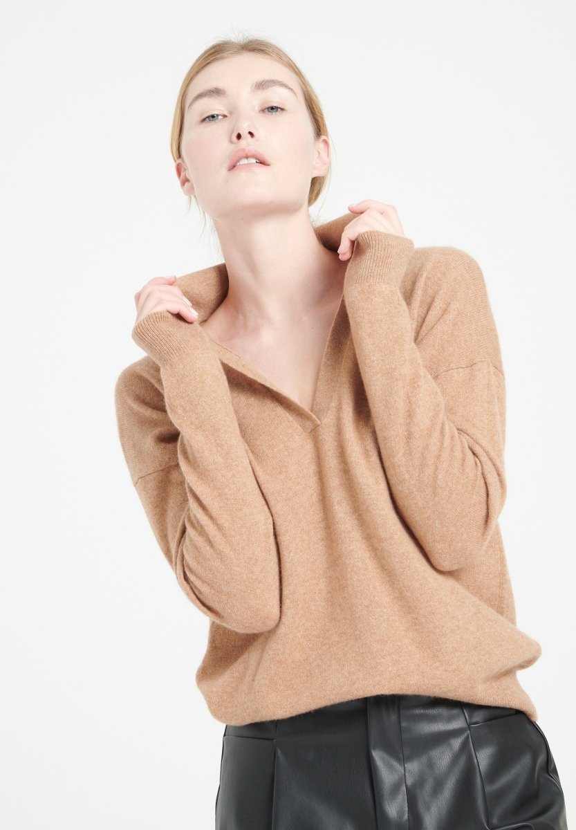 Polo manches longues femme en cachemire camel - MIA 3
