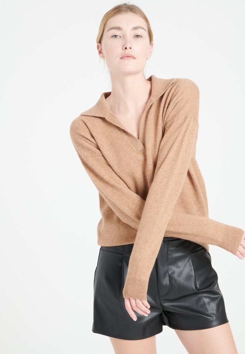 Polo manches longues femme en cachemire camel - MIA 3