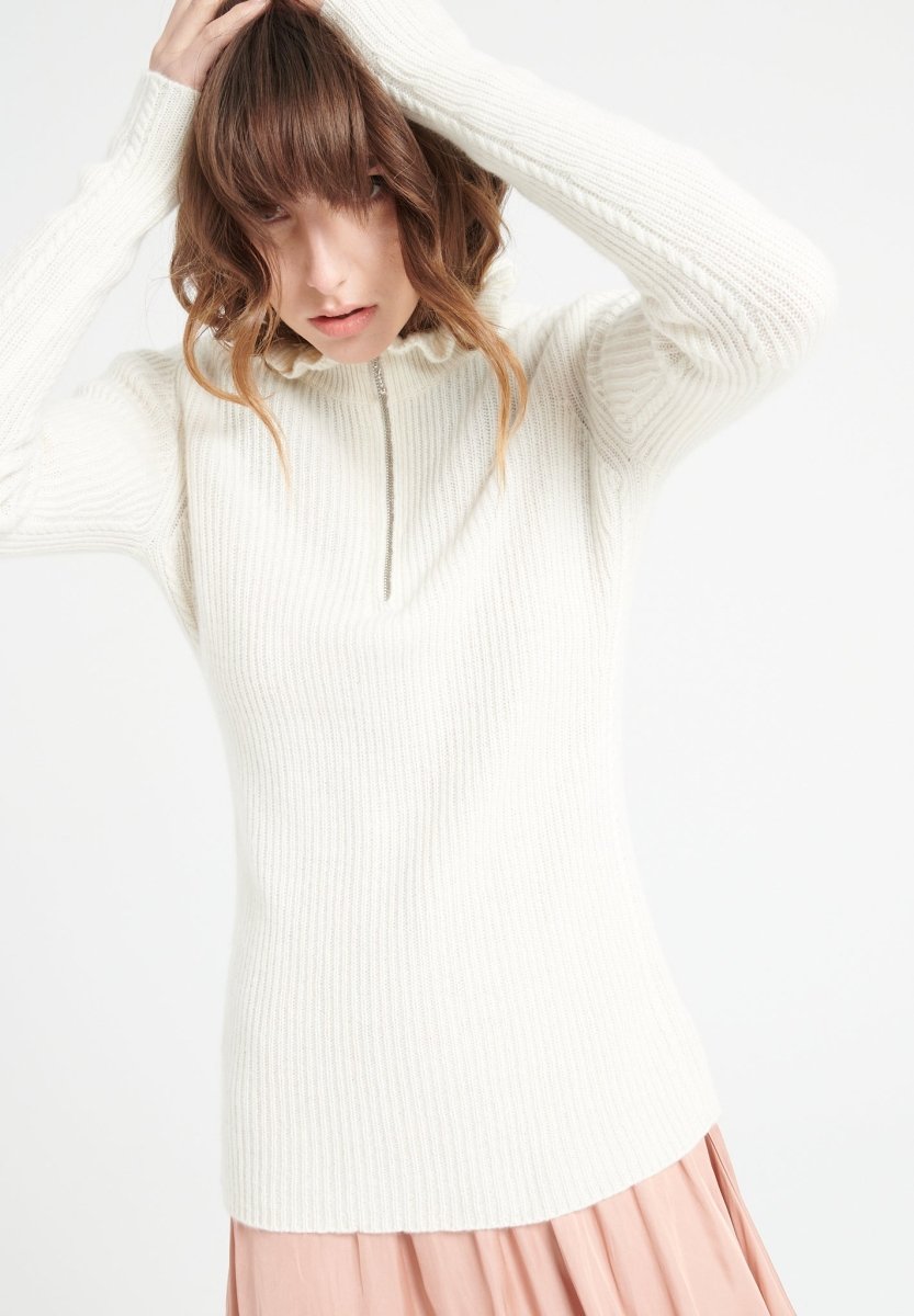 Pull col falbala zippé femme en cachemire blanc écru - MIA 4