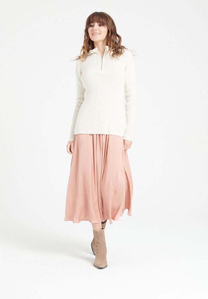 Pull col falbala zippé femme en cachemire blanc écru - MIA 4