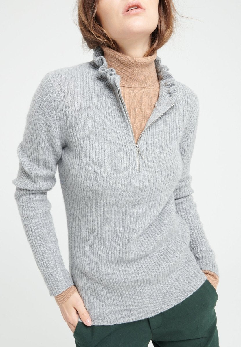 Pull col falbala zippé femme en cachemire gris clair - MIA 4