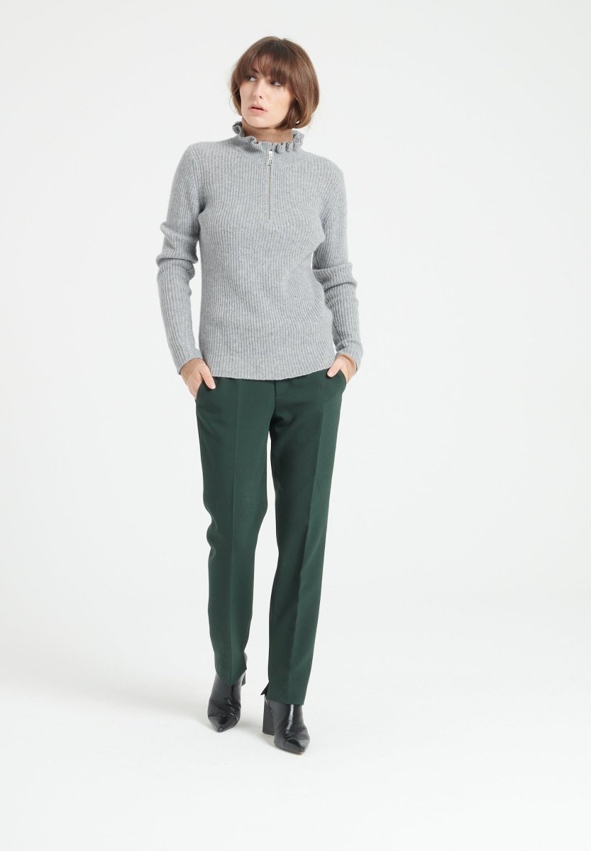 Pull col falbala zippé femme en cachemire gris clair - MIA 4