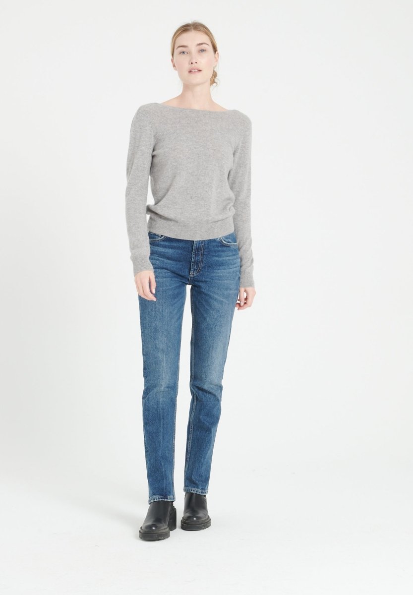 Pull décolleté V dans le dos femme en cachemire gris clair - MIA 7