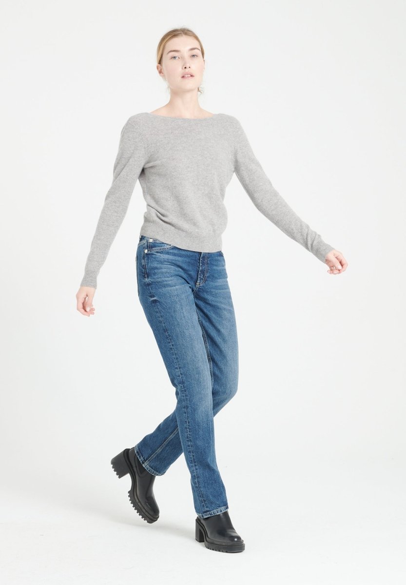 Pull décolleté V dans le dos femme en cachemire gris clair - MIA 7