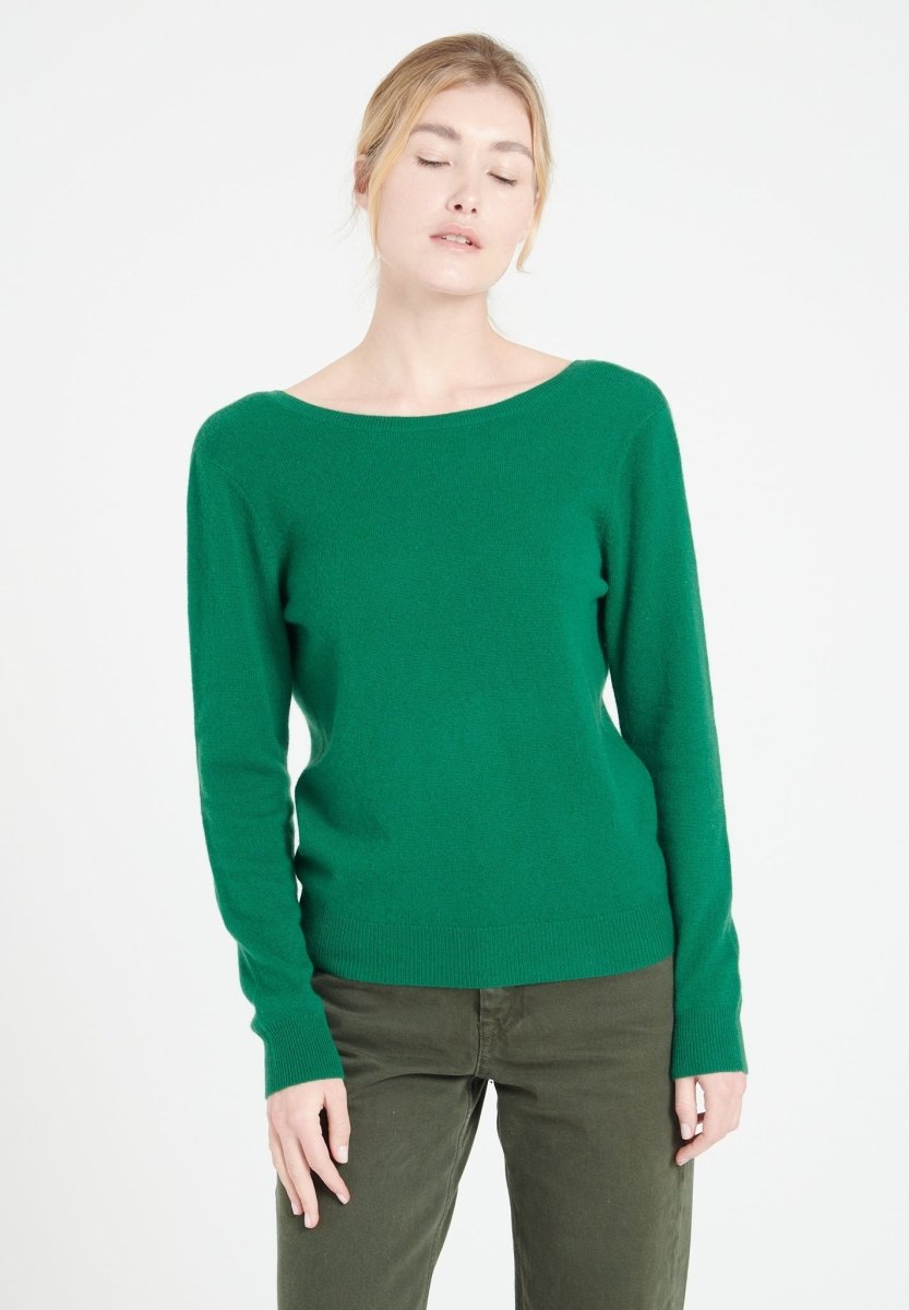 Pull décolleté V dans le dos femme en cachemire vert émeraude - MIA 7