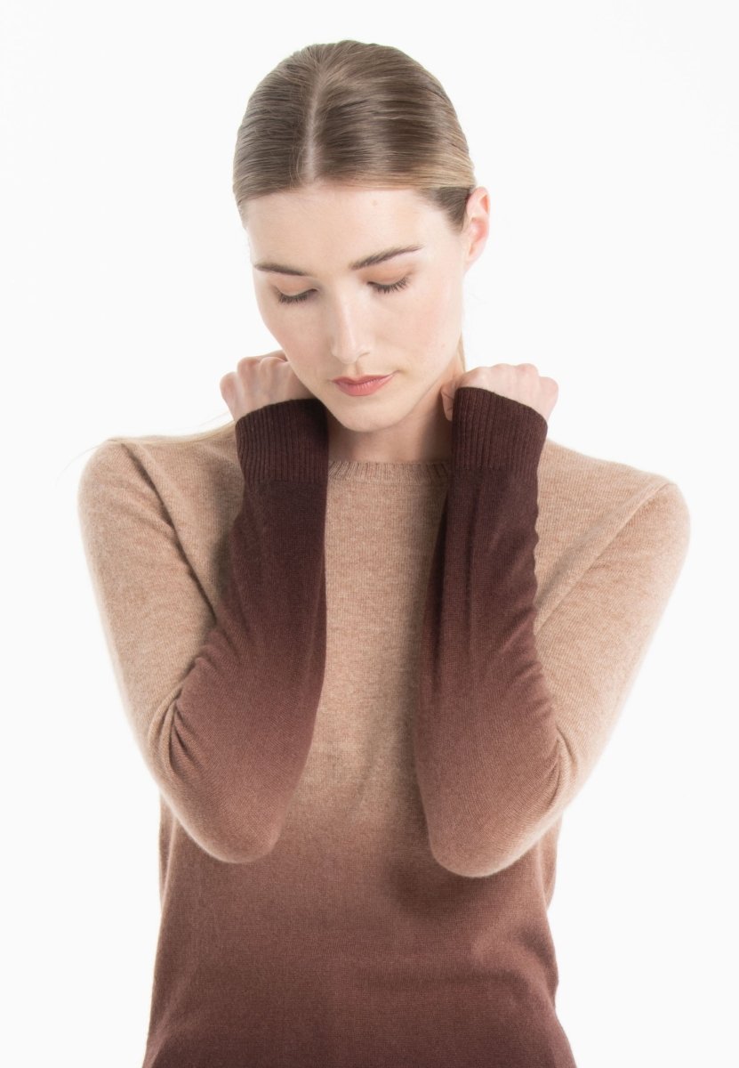Pull col rond femme en cachemire tie & dye camel & marron - MIA 8B