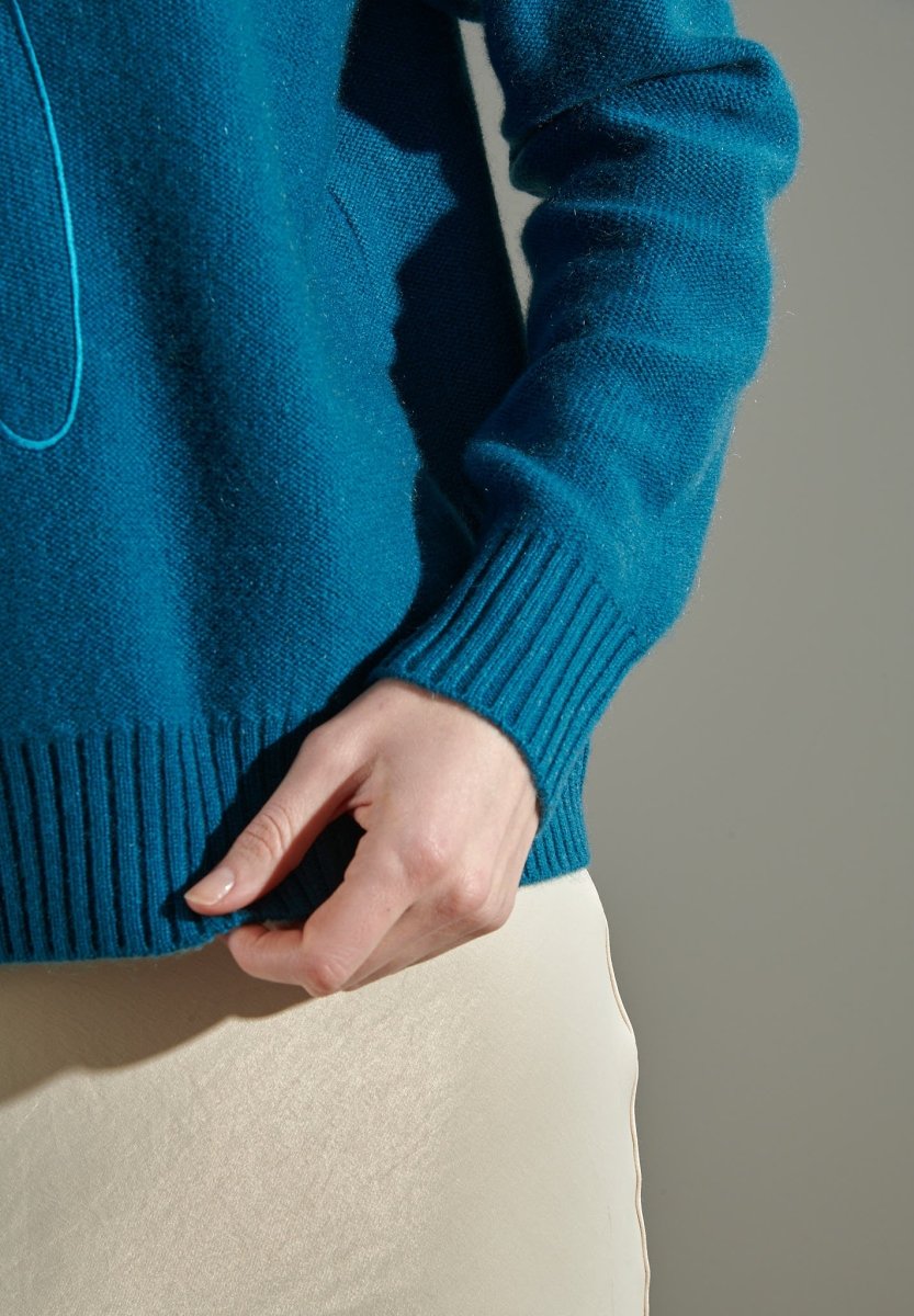 Pull col rond femme en cachemire 4 fils bleu roi & broderie - NAMI 21