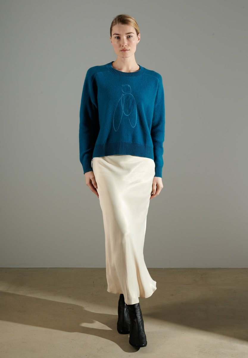 Pull col rond femme en cachemire 4 fils bleu roi & broderie - NAMI 21