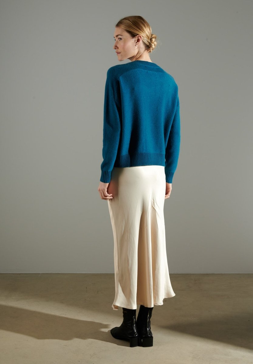 Pull col rond femme en cachemire 4 fils bleu roi & broderie - NAMI 21