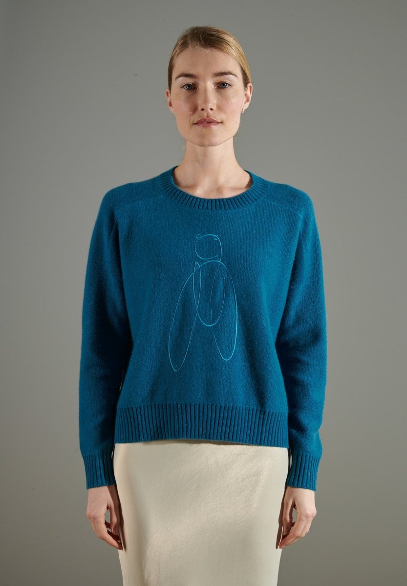 Pull col rond femme en cachemire 4 fils bleu roi & broderie - NAMI 21