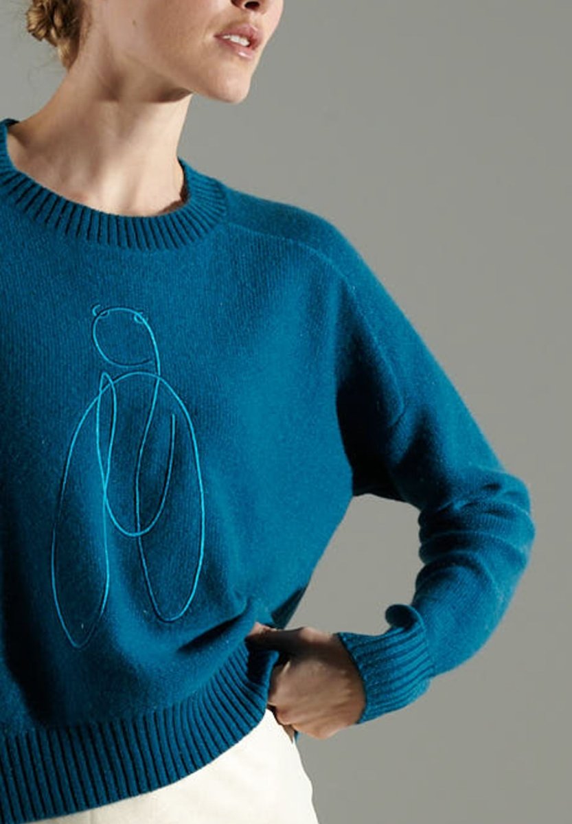 Pull col rond femme en cachemire 4 fils bleu roi & broderie - NAMI 21