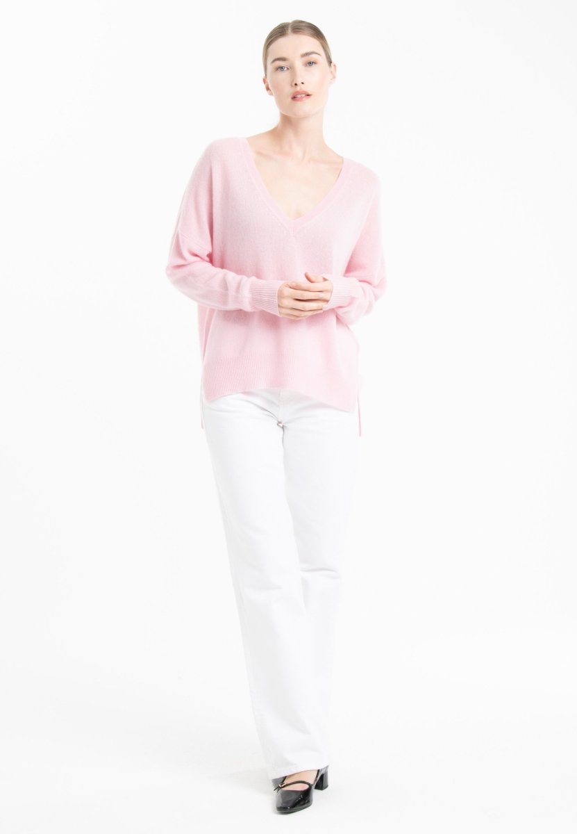 Pull col V femme en cachemire rose baby & rose indien - NAMI 23
