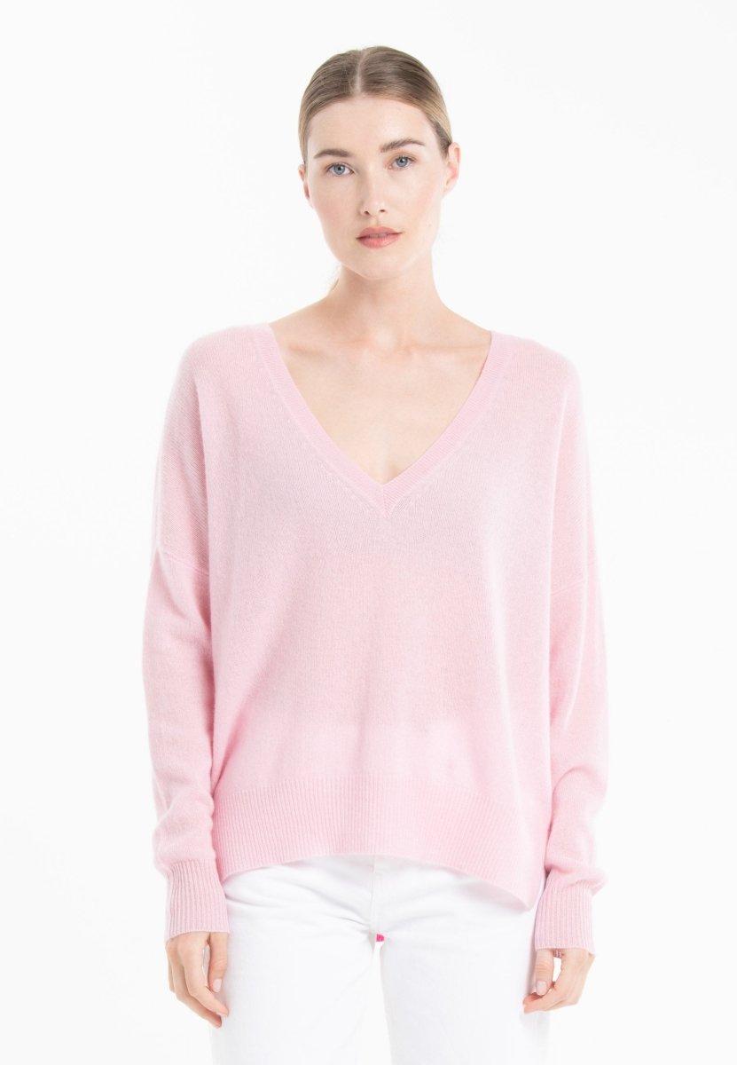 Pull col V femme en cachemire rose baby & rose indien - NAMI 23