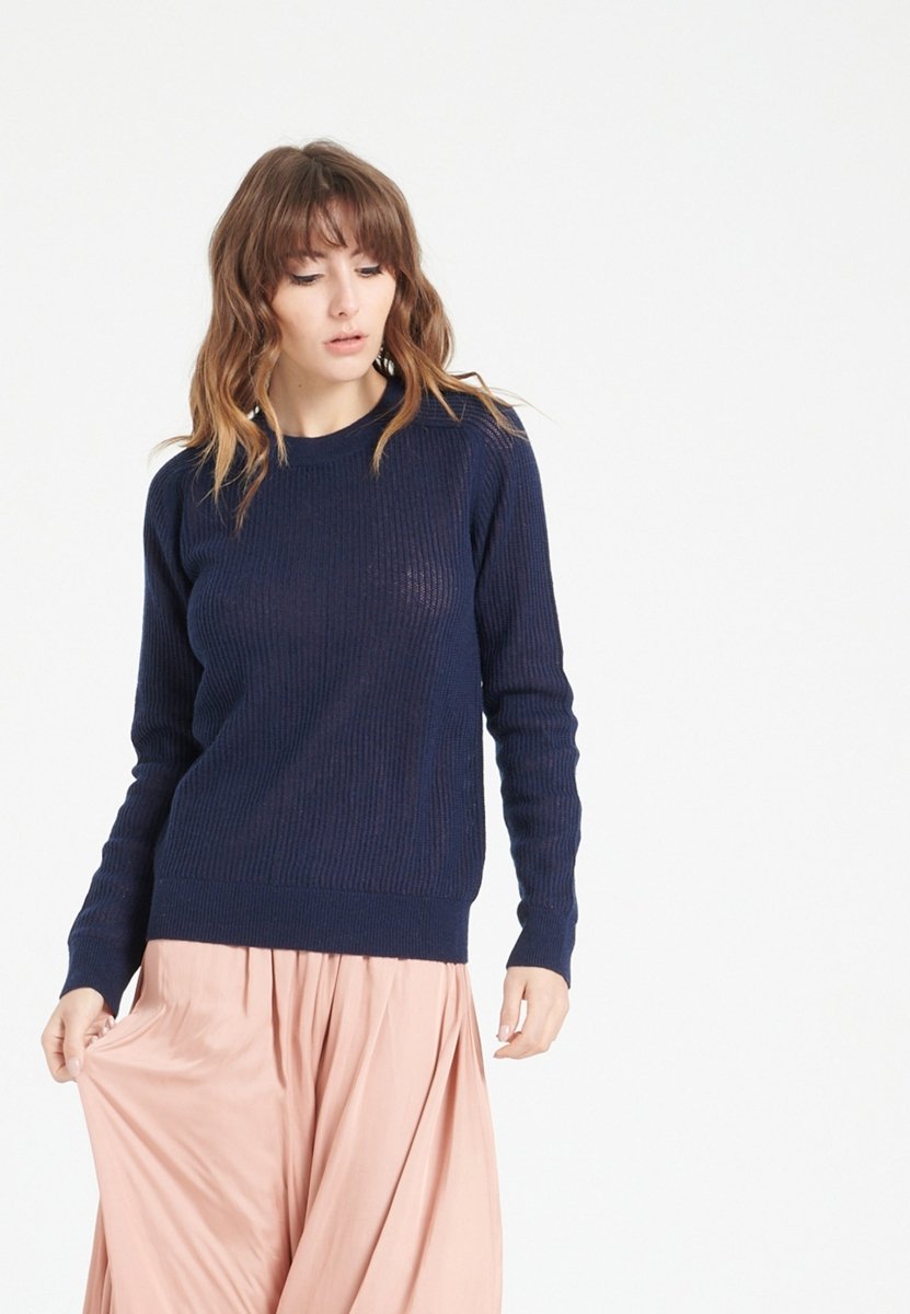 Pull col rond femme en cachemire ajouré bleu marine - LILLY 23
