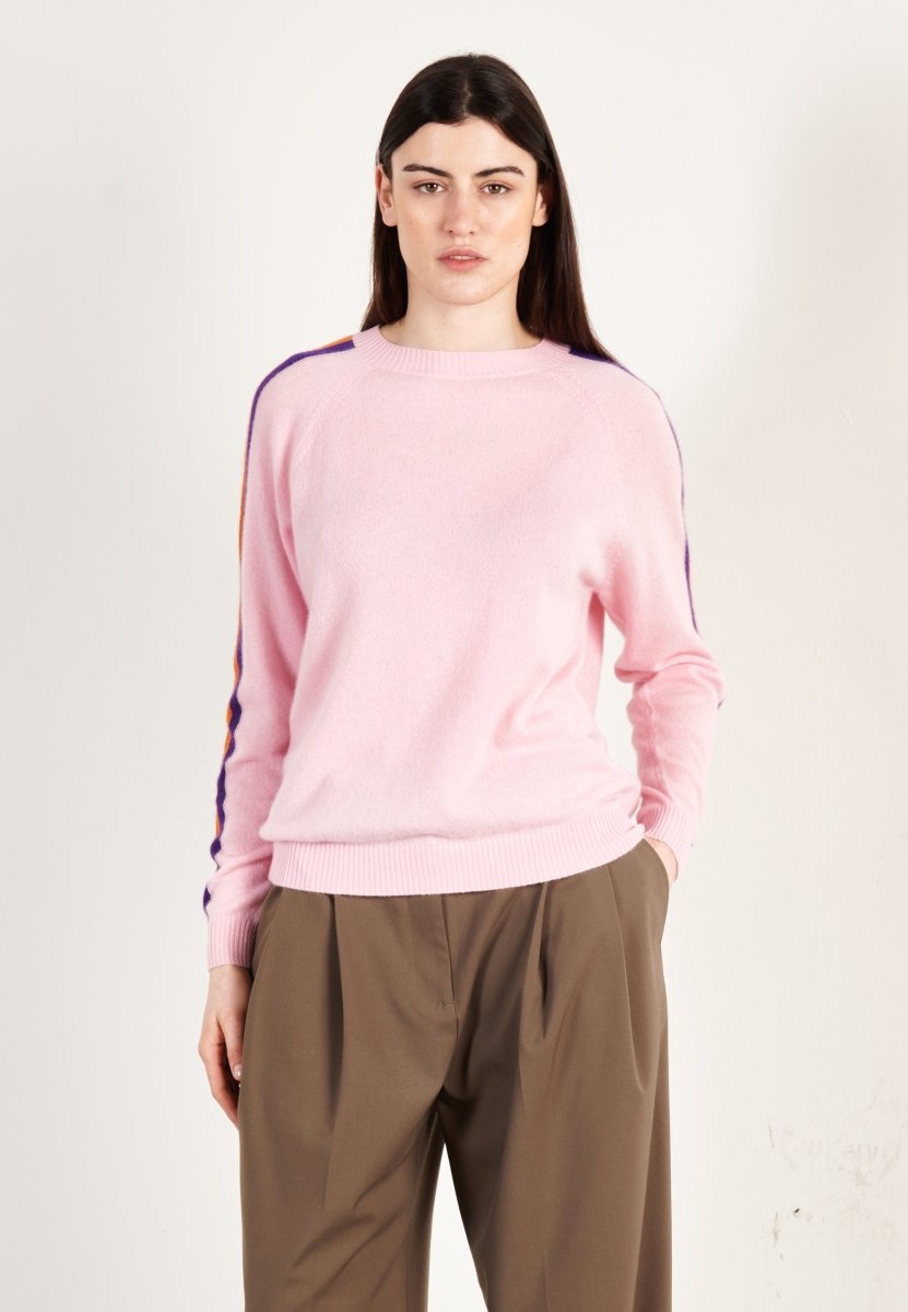 Pull col rond femme en cachemire rose baby & bande multicolor - ZAYA 19