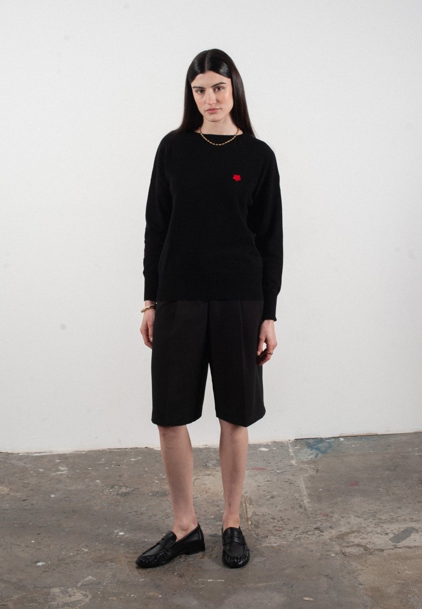 Pull col rond femme en cachemire avec broderie fleur noir - HANA 2