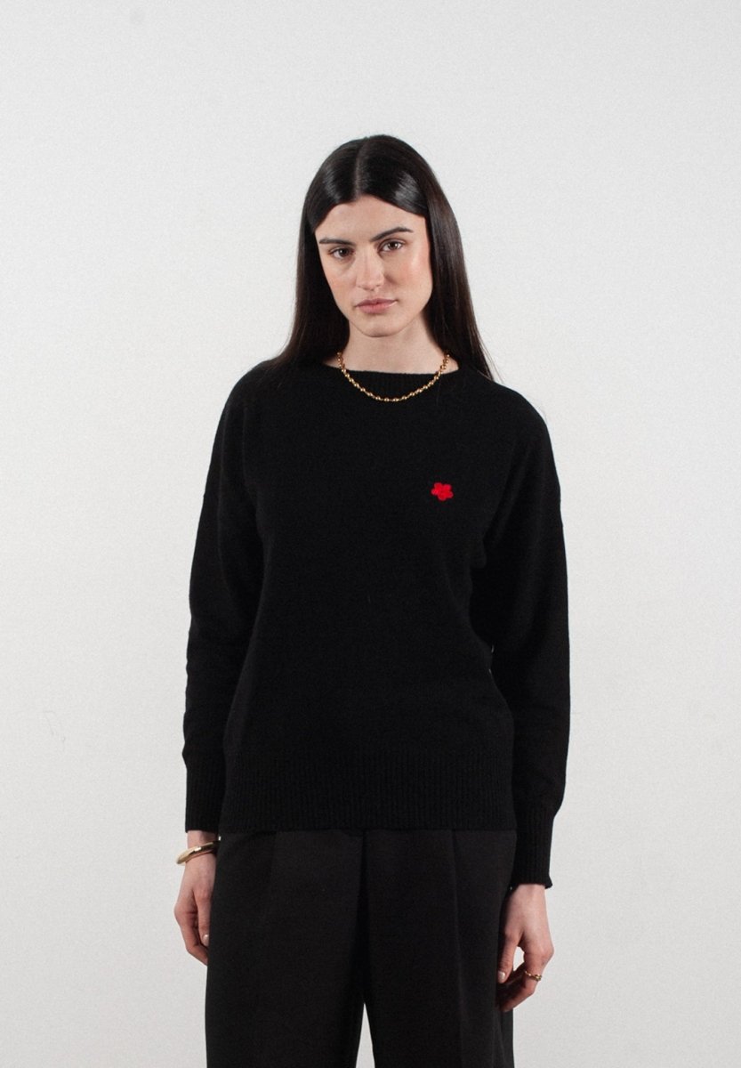 Pull col rond femme en cachemire avec broderie fleur noir - HANA 2