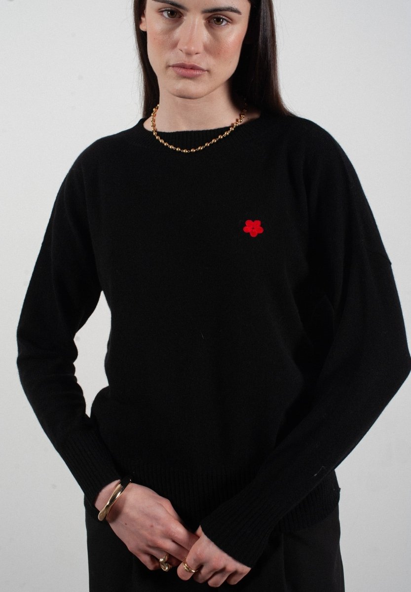 Pull col rond femme en cachemire avec broderie fleur noir - HANA 2