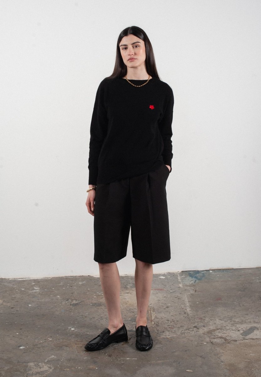 Pull col rond femme en cachemire avec broderie fleur noir - HANA 2