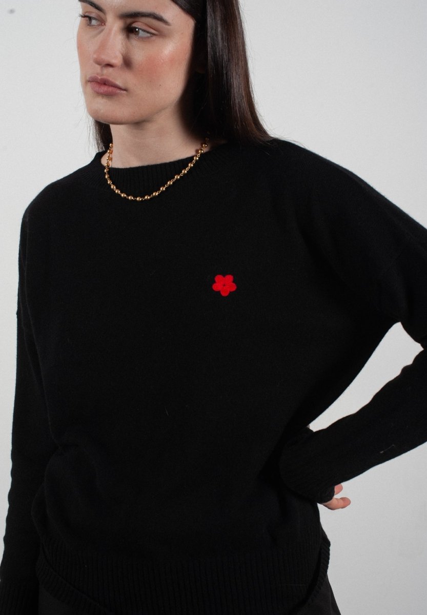 Pull col rond femme en cachemire avec broderie fleur noir - HANA 2