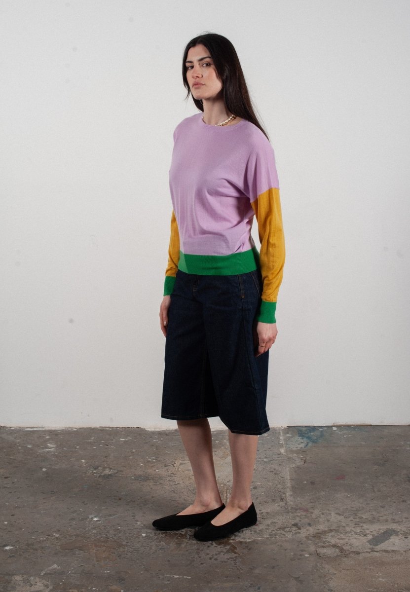 Pull col rond femme en cachemire & laine ultrafin lavande & jaune & vert - KELLY 9